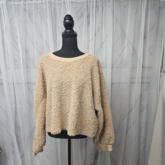 Wild Fable Tan Fuzzy Sherpa Crewneck Cropped Boho Sweatshirt Size 2X - Picture 1 of 11